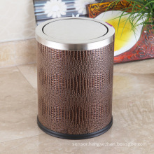 Brown Leather Stainless Steel Top 12L Push Dustbin (F-12LI)